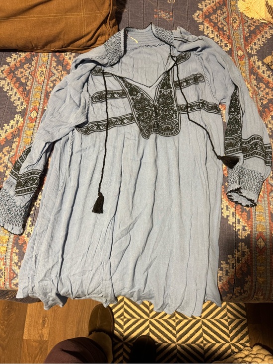 Free People Dresses & Skirts - Free People Light Blue Embroidered Boho Tunic Dress with Black Accents